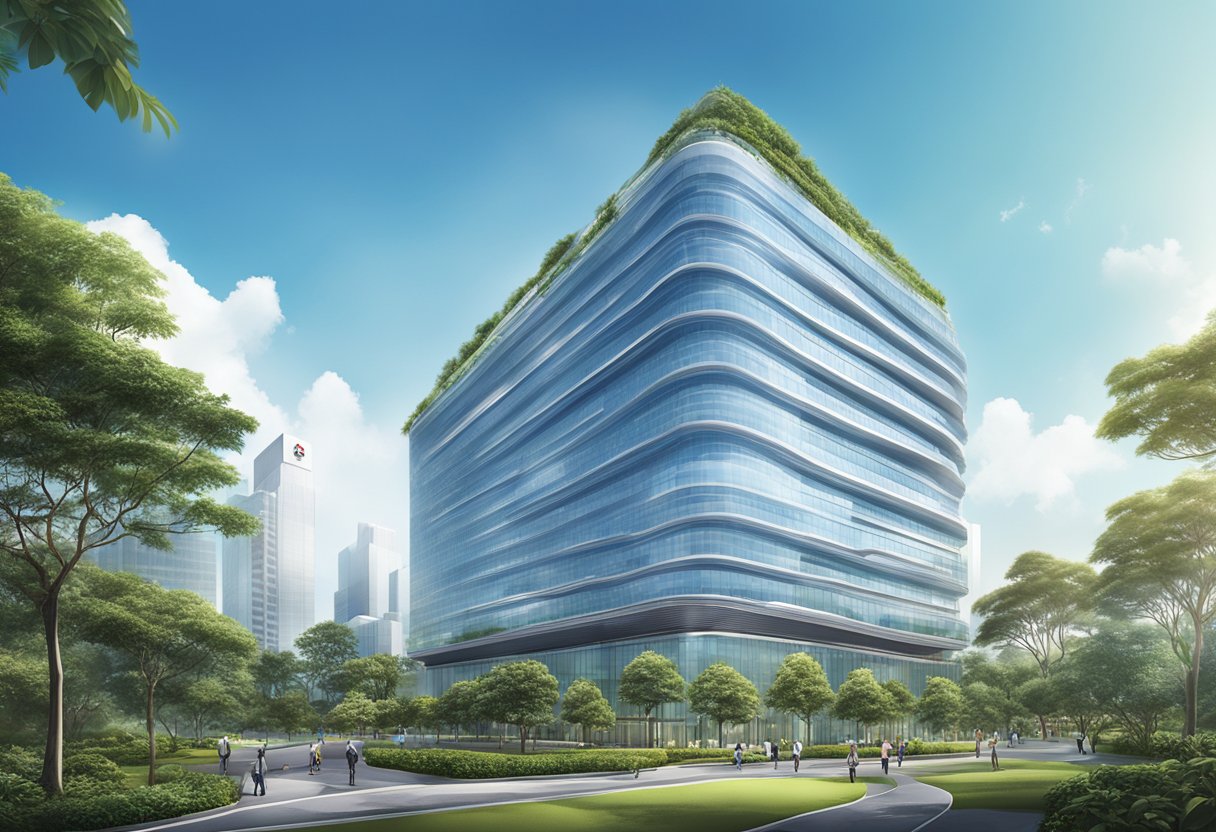 The Novartis Singapore office building stands tall against a backdrop of clear blue skies, with lush greenery surrounding the modern structure