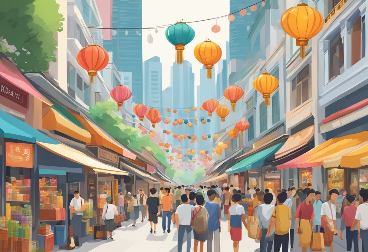 A bustling street in Singapore with colorful shopfronts and bustling crowds. Tall skyscrapers loom in the background, while traditional lanterns and street vendors add to the lively atmosphere