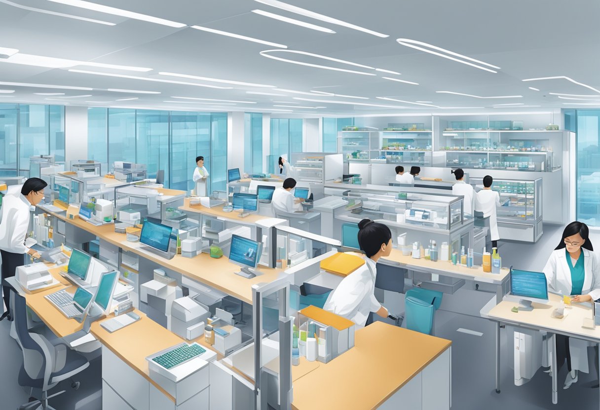 Novartis Singapore: A bustling pharmaceutical facility with modern architecture and advanced technology. Employees work diligently in clean, organized labs and offices