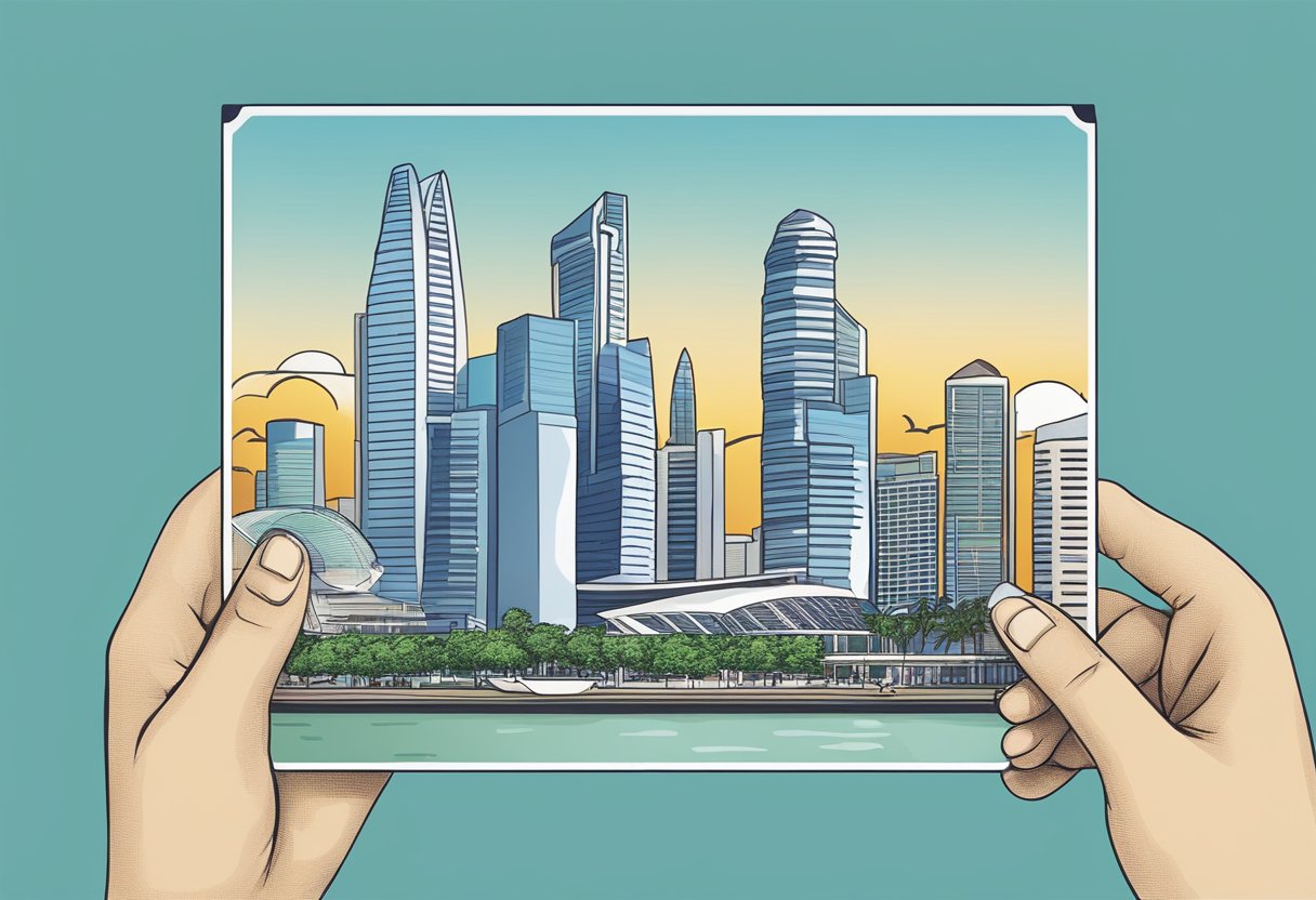 A PE Pass held in hand, with Singapore skyline in the background
