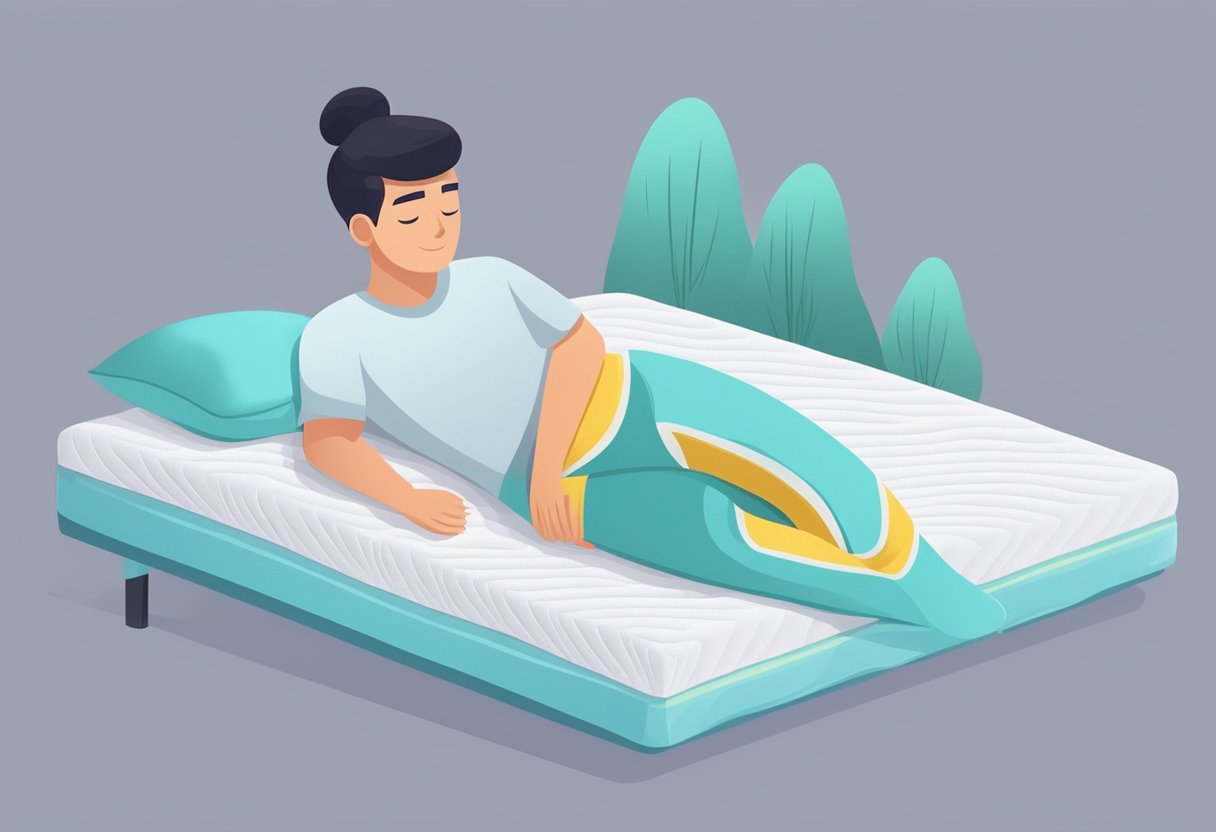 A mattress with cooling gel and memory foam layers, surrounded by a breathable fabric cover. A person lying on it, feeling the comfort and support
