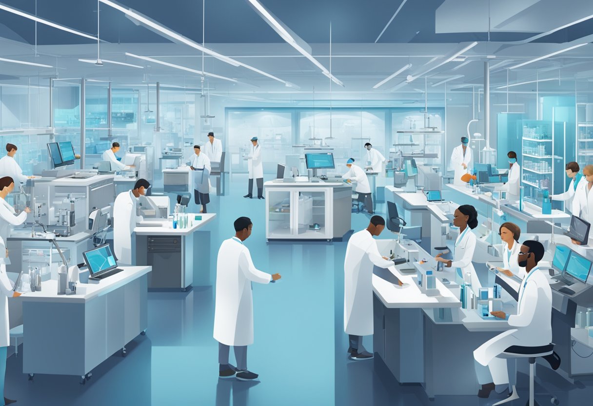 A bustling research lab with scientists in white coats, working on cutting-edge technology and breakthrough treatments. The Novartis logo prominently displayed, symbolizing innovation in healthcare