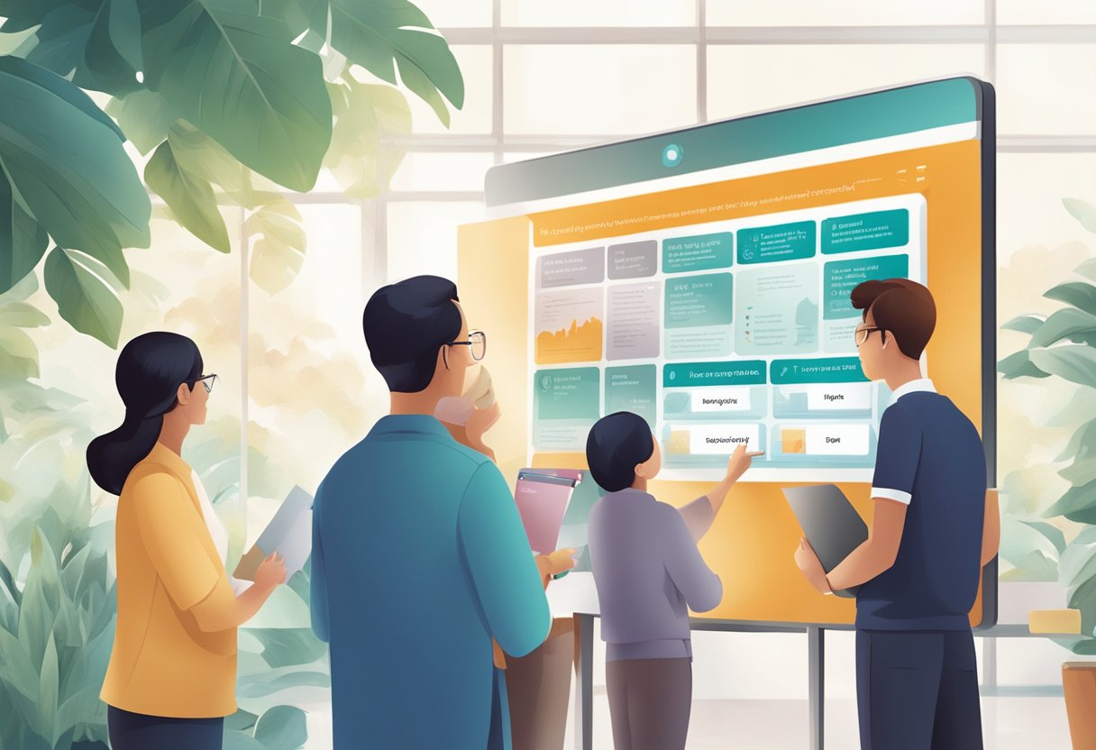 A group of people gathered around a Novartis Singapore FAQ board, pointing and reading the information displayed