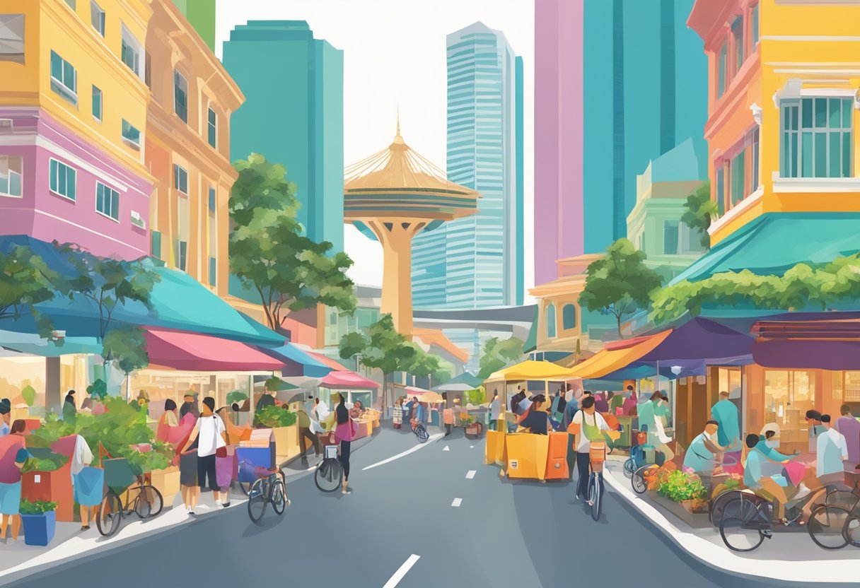 Busy Singapore street with colorful buildings, bustling markets, and iconic landmarks like the Marina Bay Sands and Gardens by the Bay