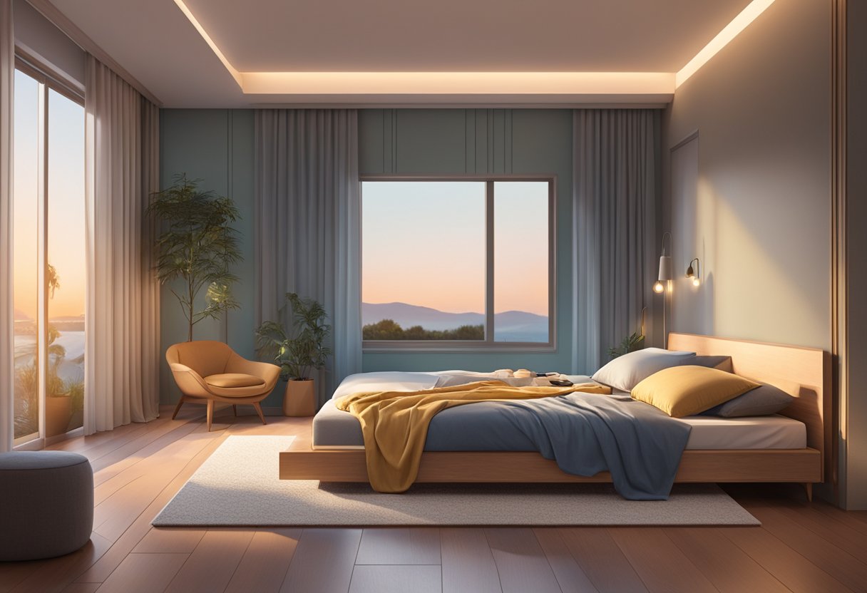 A person lying comfortably on an Origin mattress, surrounded by a peaceful and serene bedroom setting, with soft lighting and a feeling of relaxation