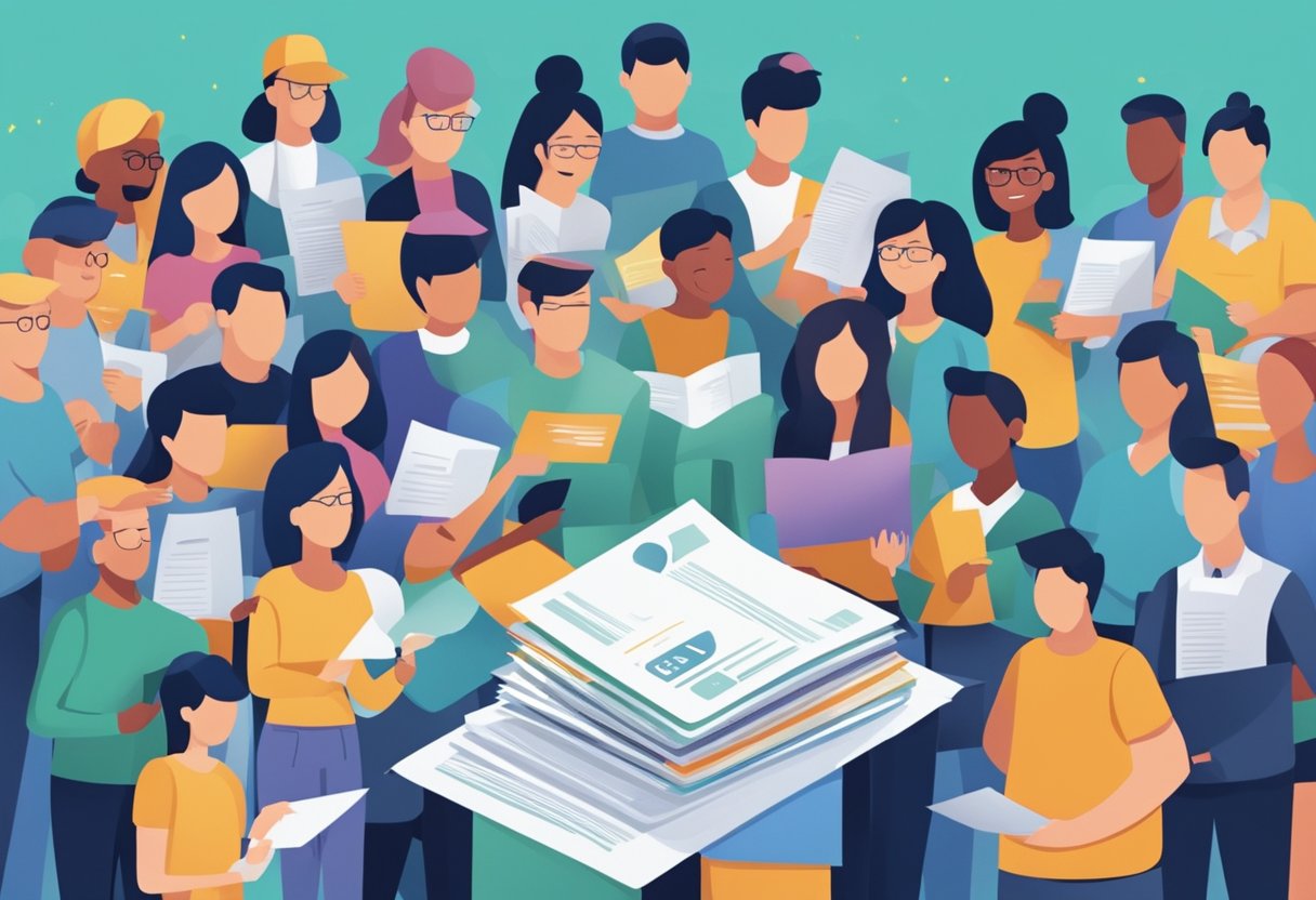 A stack of papers with "Frequently Asked Questions" printed on the cover, with the logo of PEPSingapore, surrounded by a group of diverse people