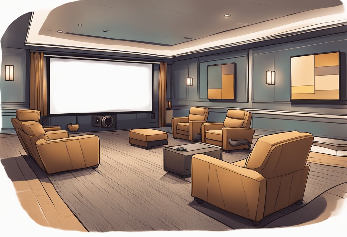 A cozy private movie room in Singapore with plush reclining seats, dimmed lighting, and a large screen displaying a captivating film