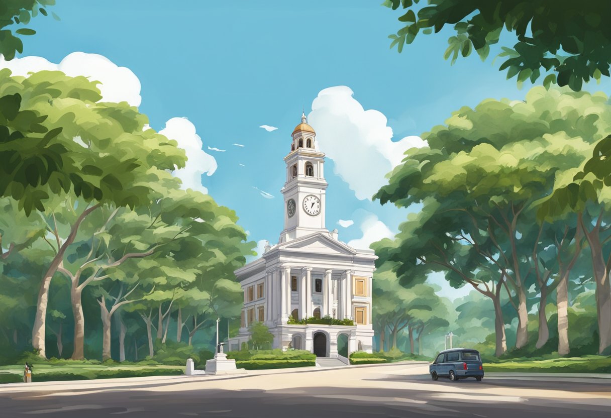 The iconic clock tower of Raffles Institution stands tall against a clear blue sky, surrounded by lush greenery and historic colonial architecture