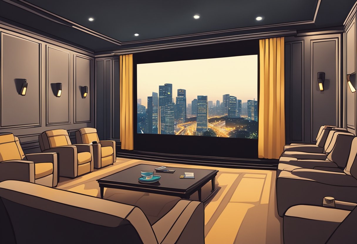 A cozy private movie room in Singapore, with plush reclining chairs, dim lighting, and a large screen displaying a blockbuster film