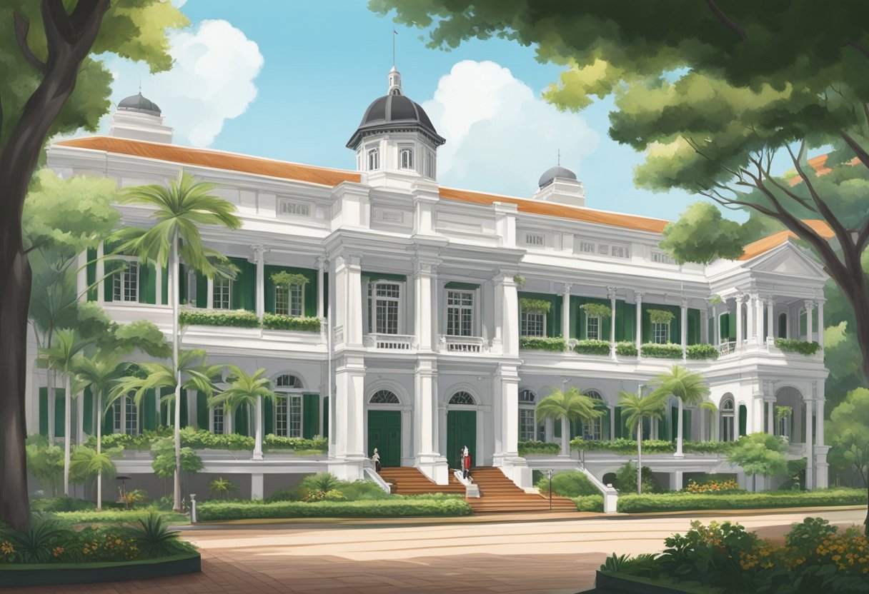 The historic Raffles Institution in Singapore, founded in 1823, features a grand colonial-style building with intricate architectural details and lush greenery surrounding the campus