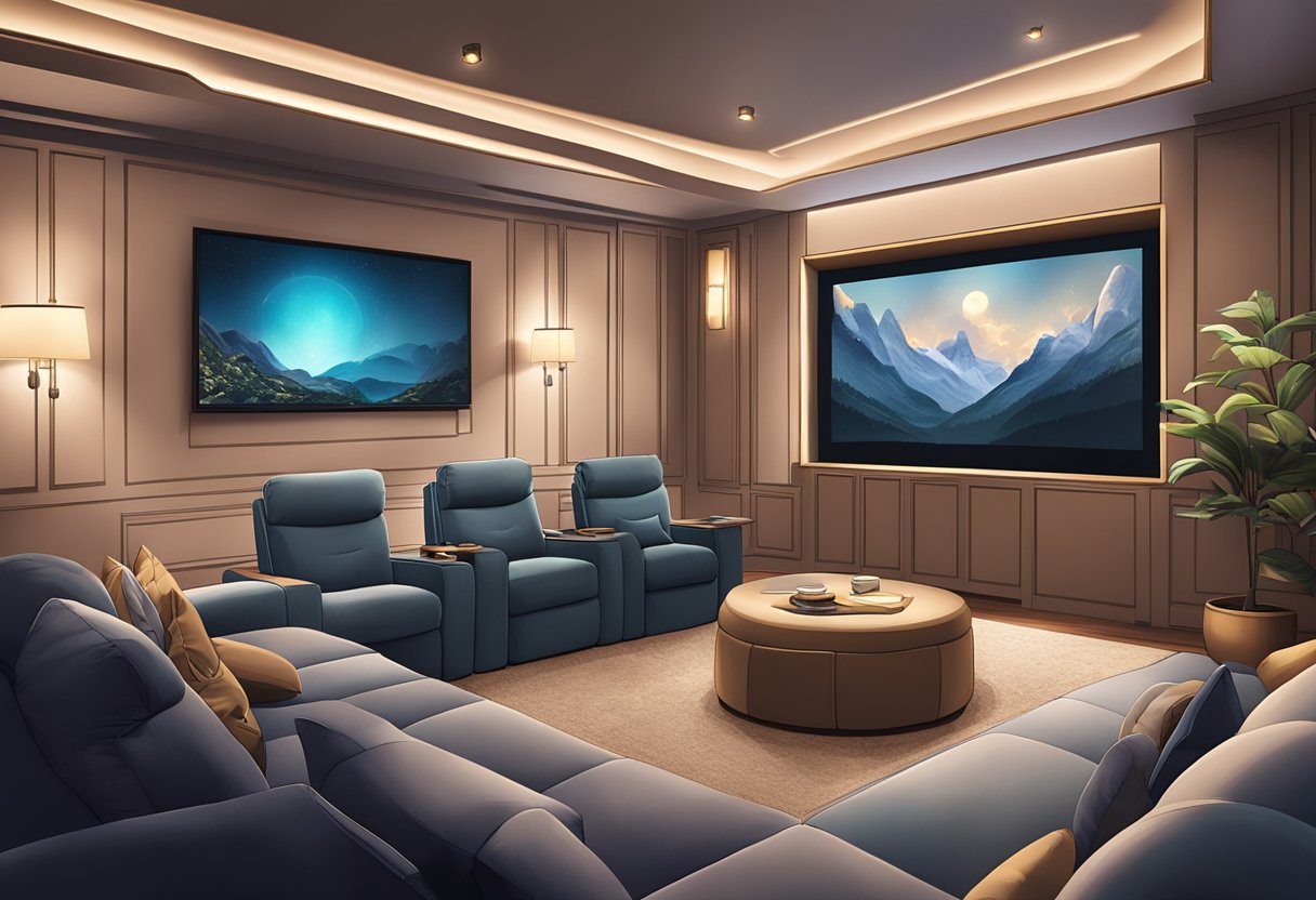 A cozy private cinema room in Singapore, with plush seating, a large screen, and dimmable lighting for a personalized movie experience