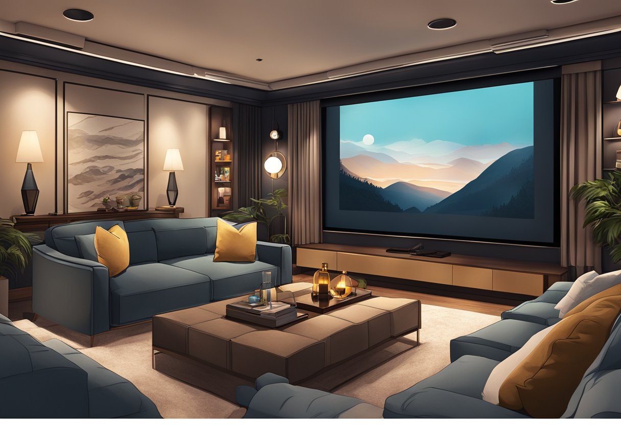 A cozy private movie room in Singapore with plush seating, dim lighting, and a large screen for an immersive cinematic experience