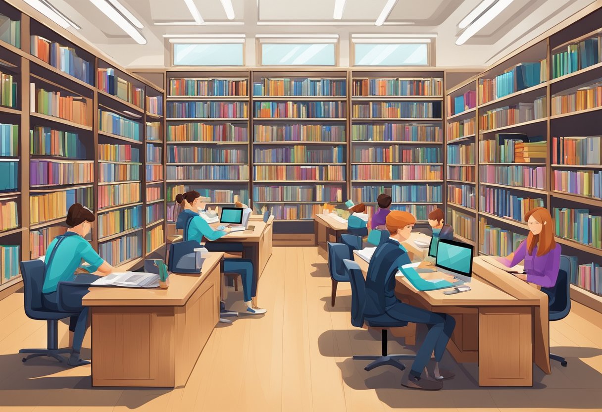 Students in uniform studying in a modern library, surrounded by books and computers. Trophies and awards displayed in glass cabinets
