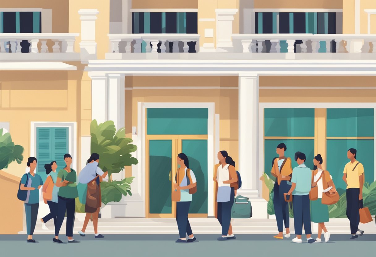 A group of people gather around a sign that reads "Frequently Asked Questions, Raffles Institution, Singapore." The setting is a busy school campus with students and staff passing by