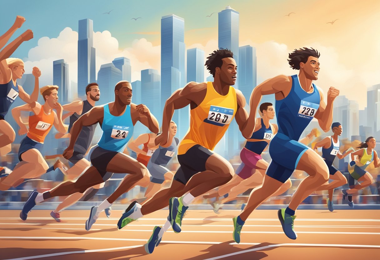 Athletes sprinting on a track, surrounded by cheering spectators and city skyline in the background