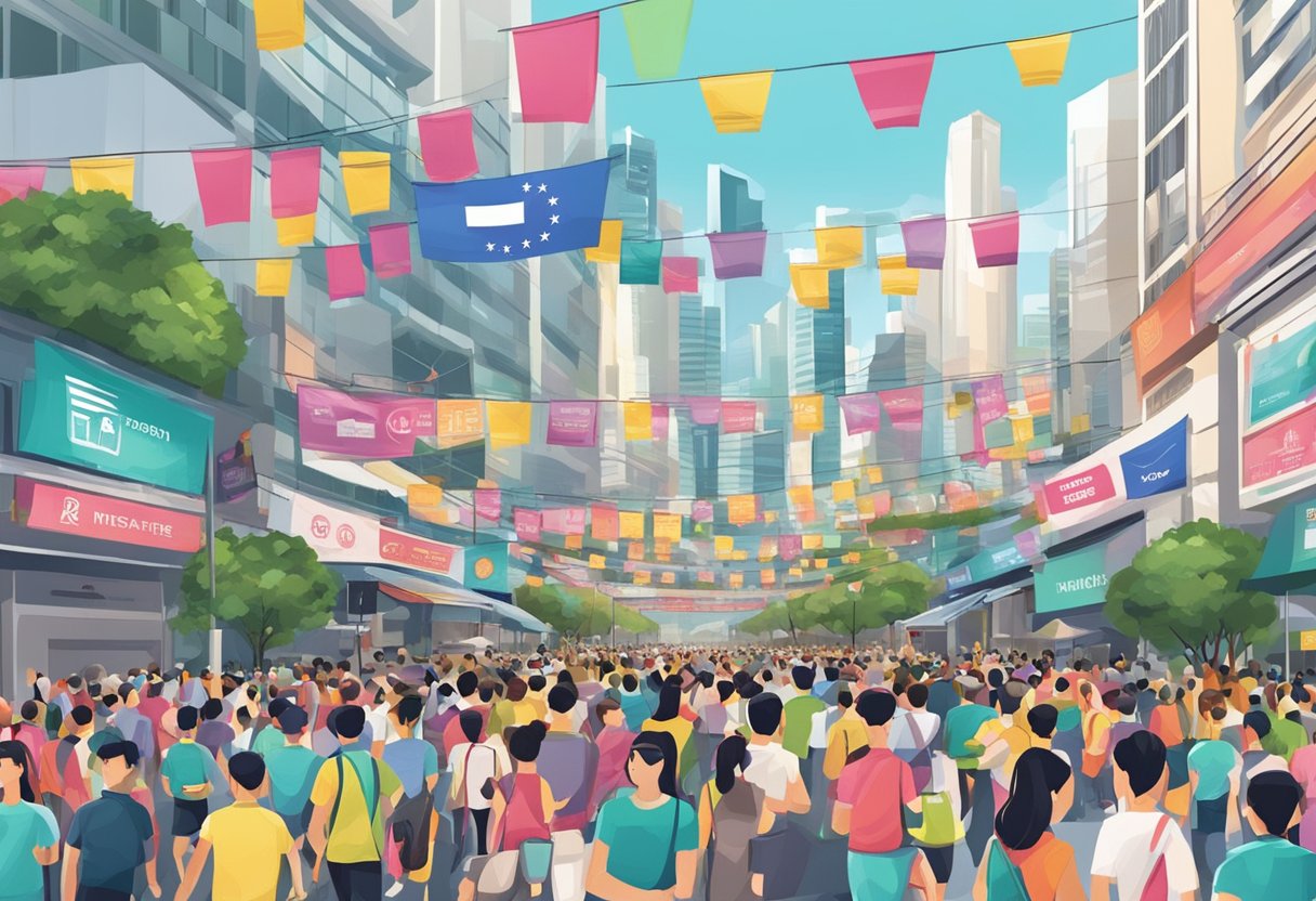 A crowded street with banners advertising upcoming running events in Singapore