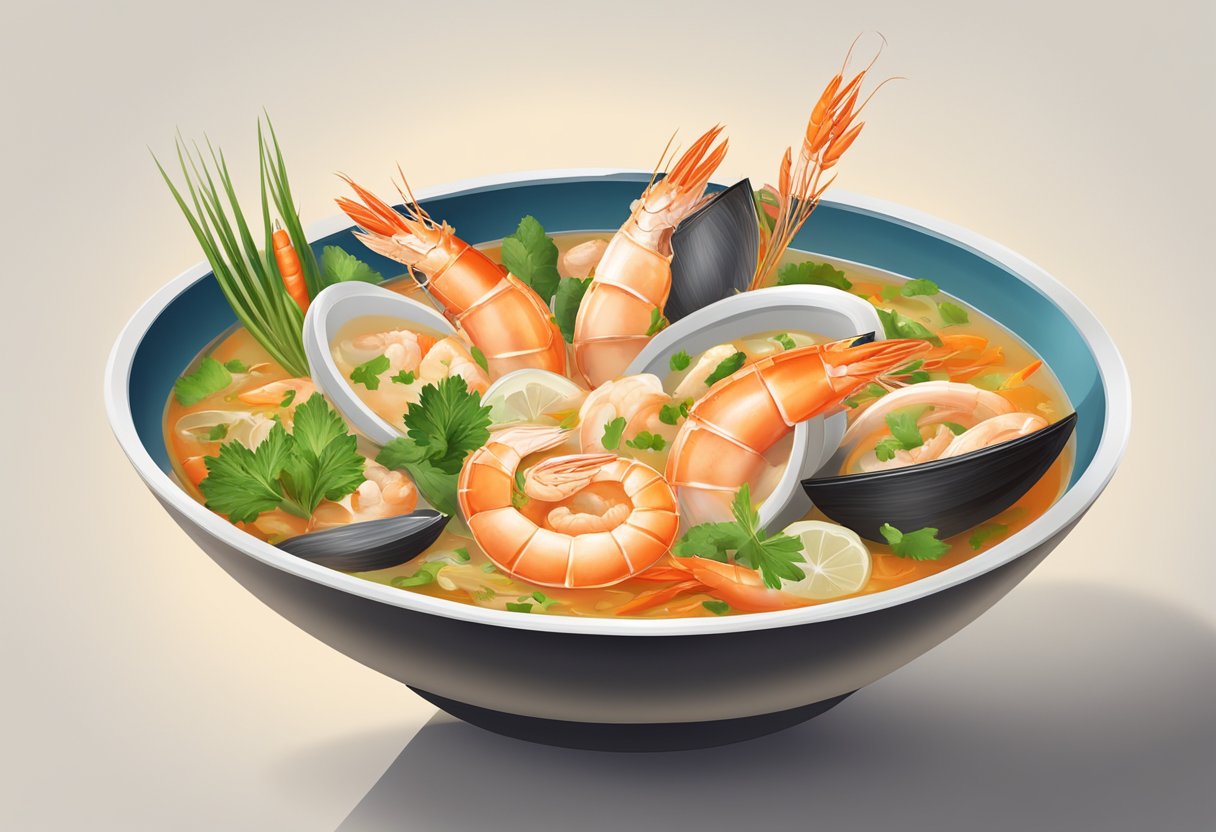 A steaming bowl of seafood soup from Singapore, filled with prawns, fish, and vegetables, garnished with fresh herbs and spices