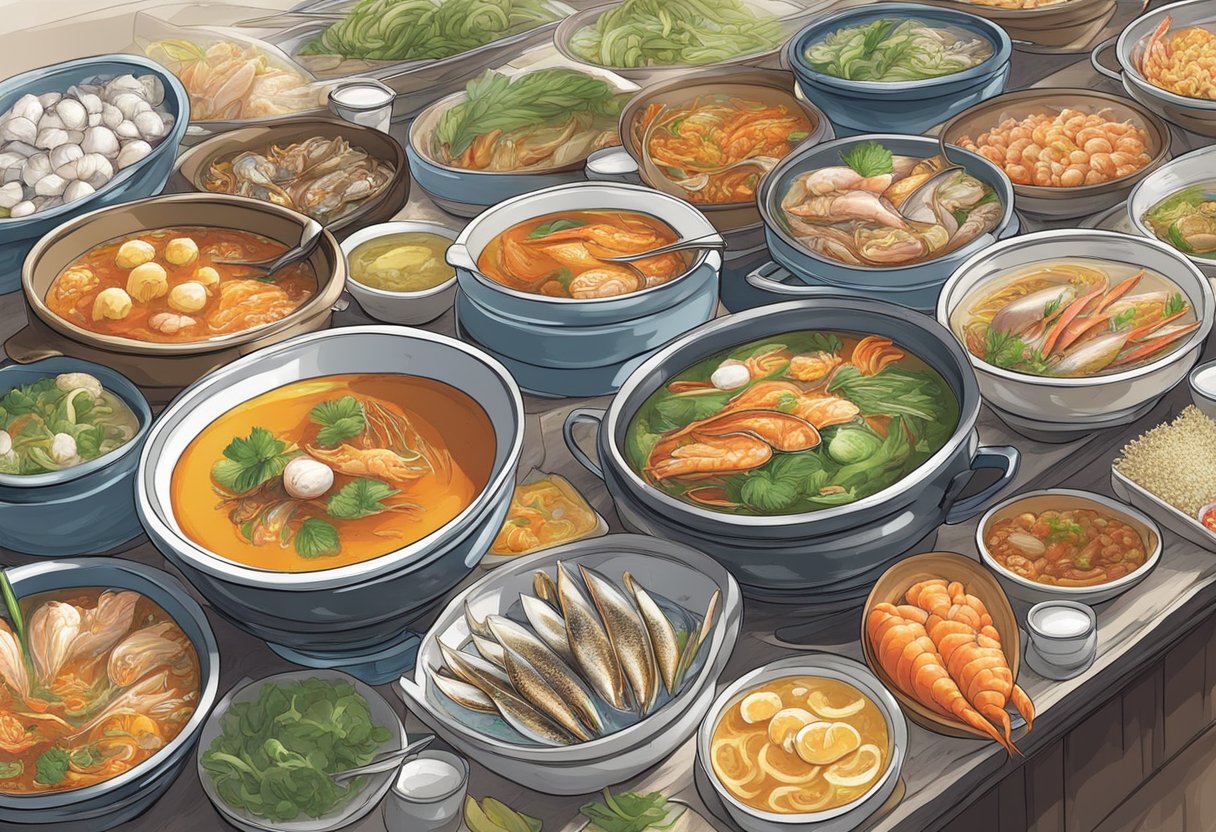 A bustling Singapore seafood market displays an array of colorful seafood soup varieties, from spicy laksa to rich and fragrant fish head soup
