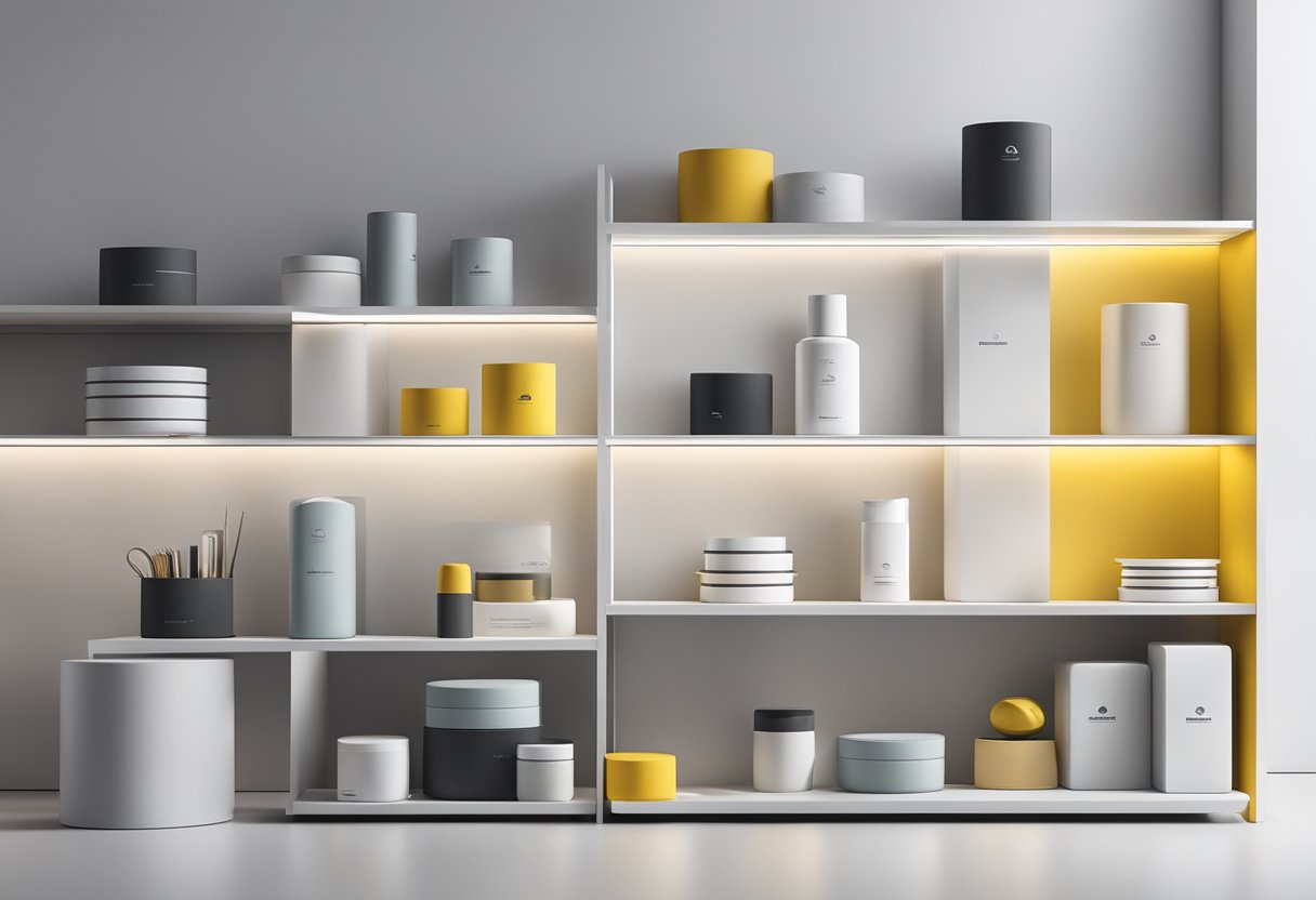 A display of Rhinoshield product range arranged on a clean, modern shelf with bright lighting and a sleek, minimalist backdrop