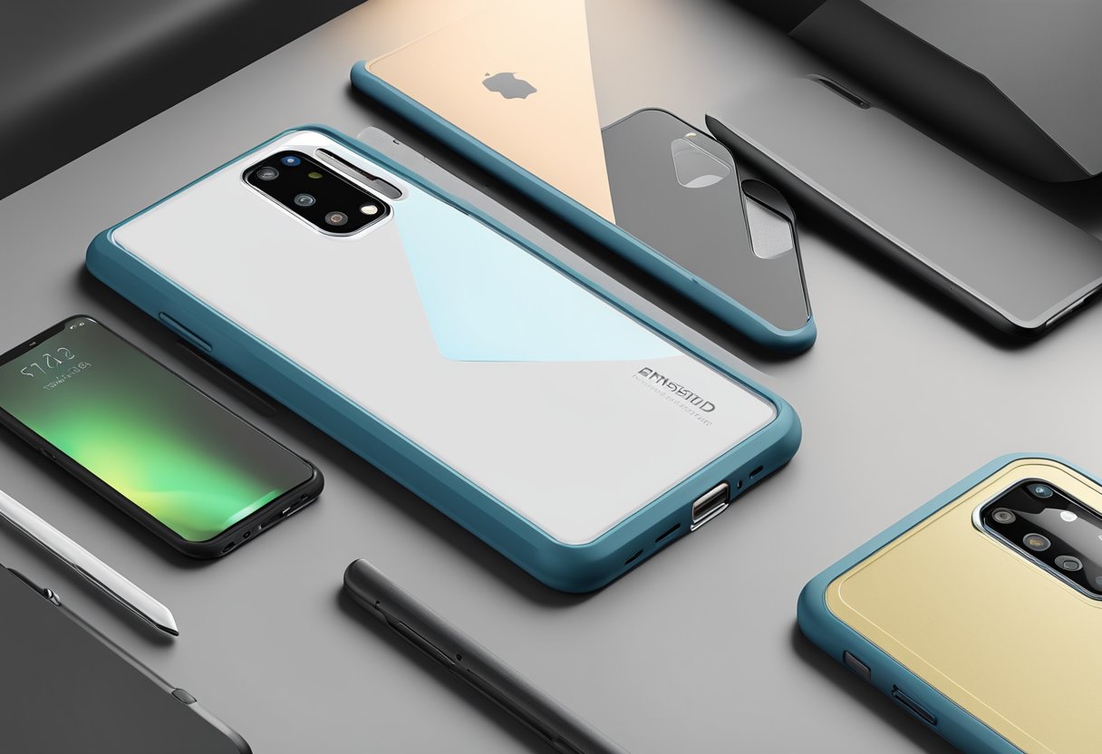 A sleek smartphone with a durable Rhinoshield case, surrounded by innovative technology and a strong brand logo