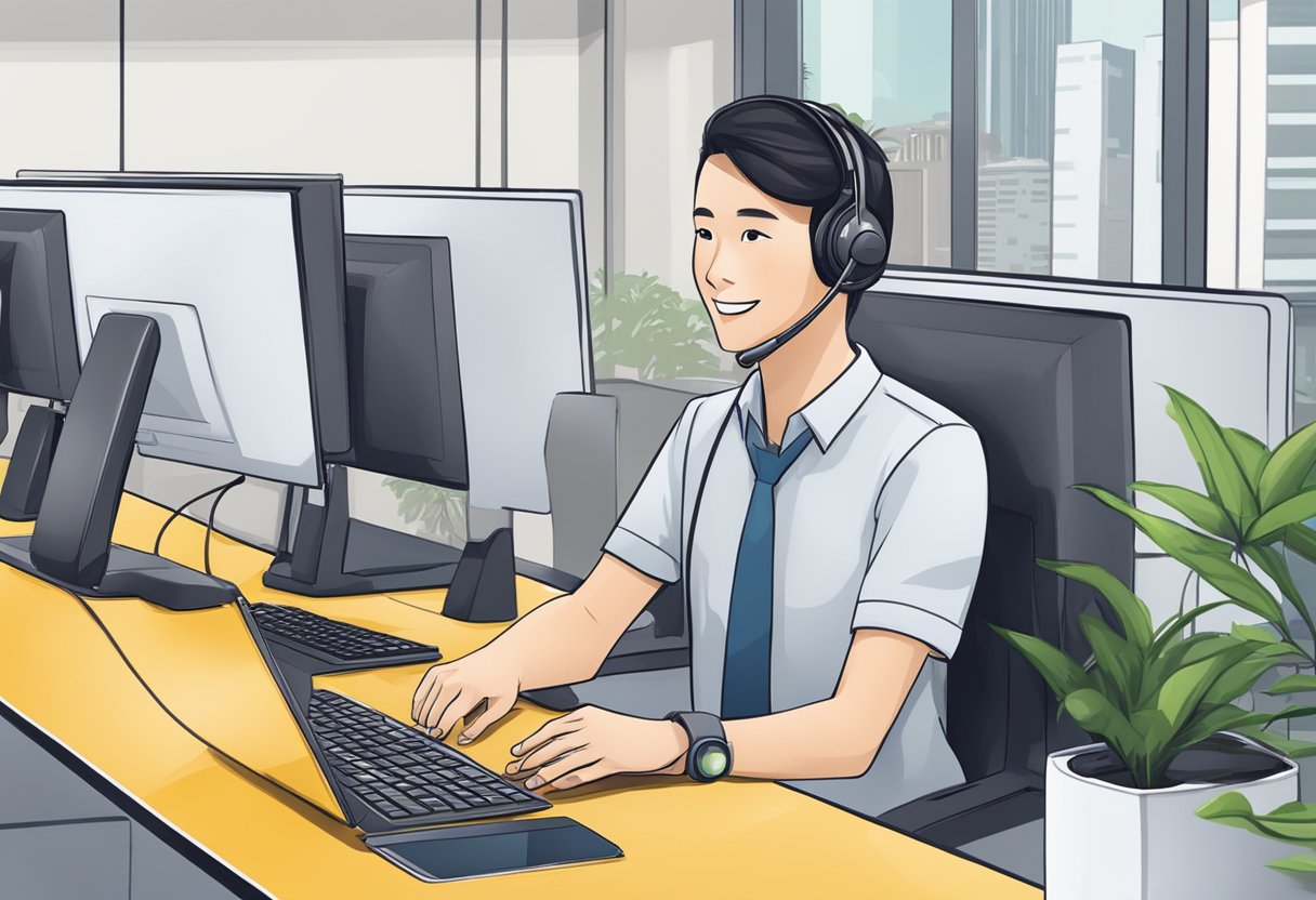 A customer service representative answering questions on a computer screen with the Rhinoshield Singapore logo in the background