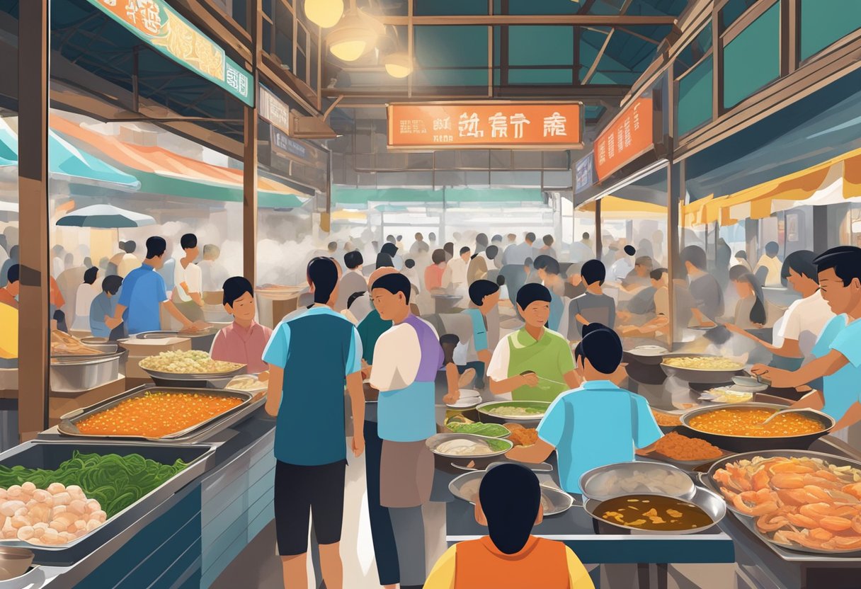A bustling hawker center in Singapore, filled with the aroma of simmering broth and fresh seafood. Colorful stalls display steaming bowls of rich, flavorful seafood soup, surrounded by eager diners