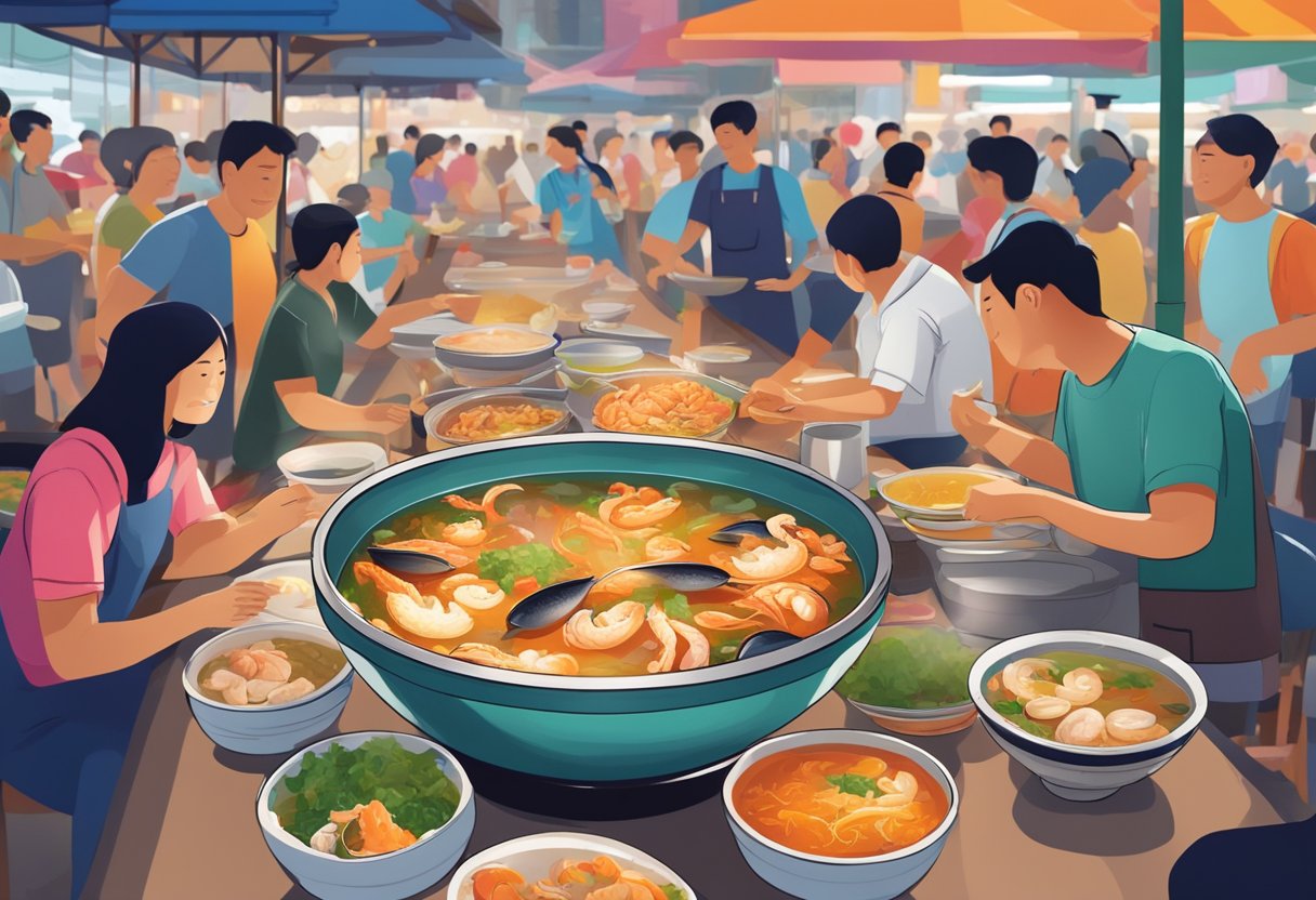 A steaming bowl of seafood soup sits on a table in a bustling Singaporean hawker center, surrounded by diners and colorful food stalls