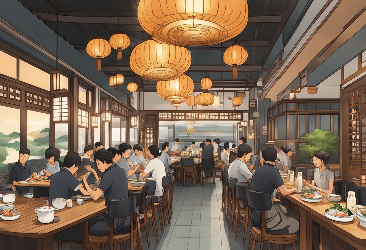 A bustling Japanese restaurant in Singapore, with traditional decor, lanterns, and a sushi bar