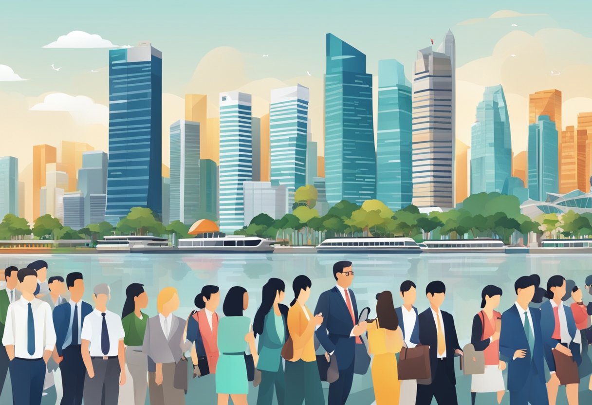 A bustling Singapore skyline with iconic skyscrapers and a diverse mix of people in business attire