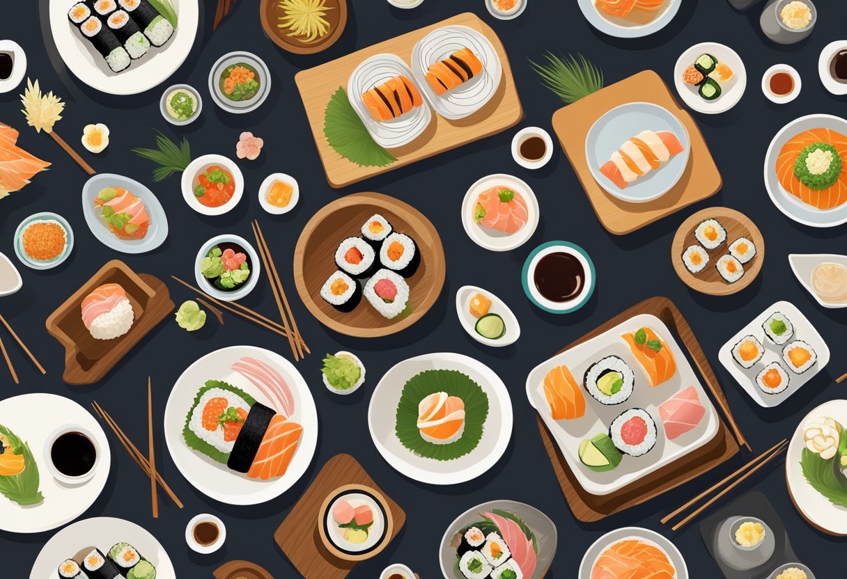 A colorful array of Japanese dishes and sushi rolls on a sleek, wooden table at Shin Yuu Japanese Restaurant in Singapore