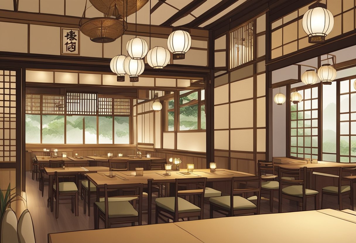The interior of Shin Yuu Japanese Restaurant in Singapore is adorned with traditional Japanese decor, including paper lanterns, bamboo accents, and low dining tables. The ambiance is warm and inviting, with soft lighting and a serene atmosphere