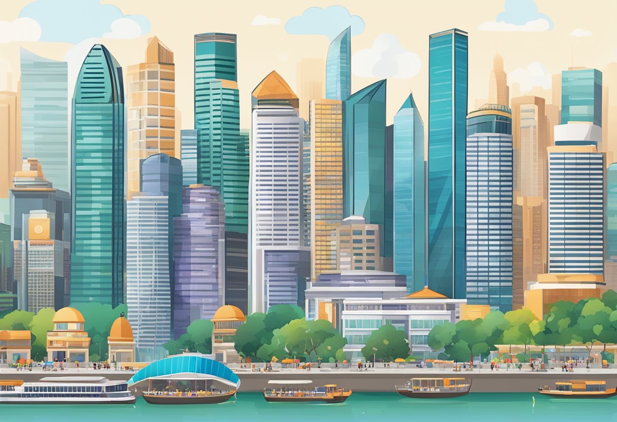 A bustling cityscape with skyscrapers and job fairs, showcasing diverse career opportunities in Singapore