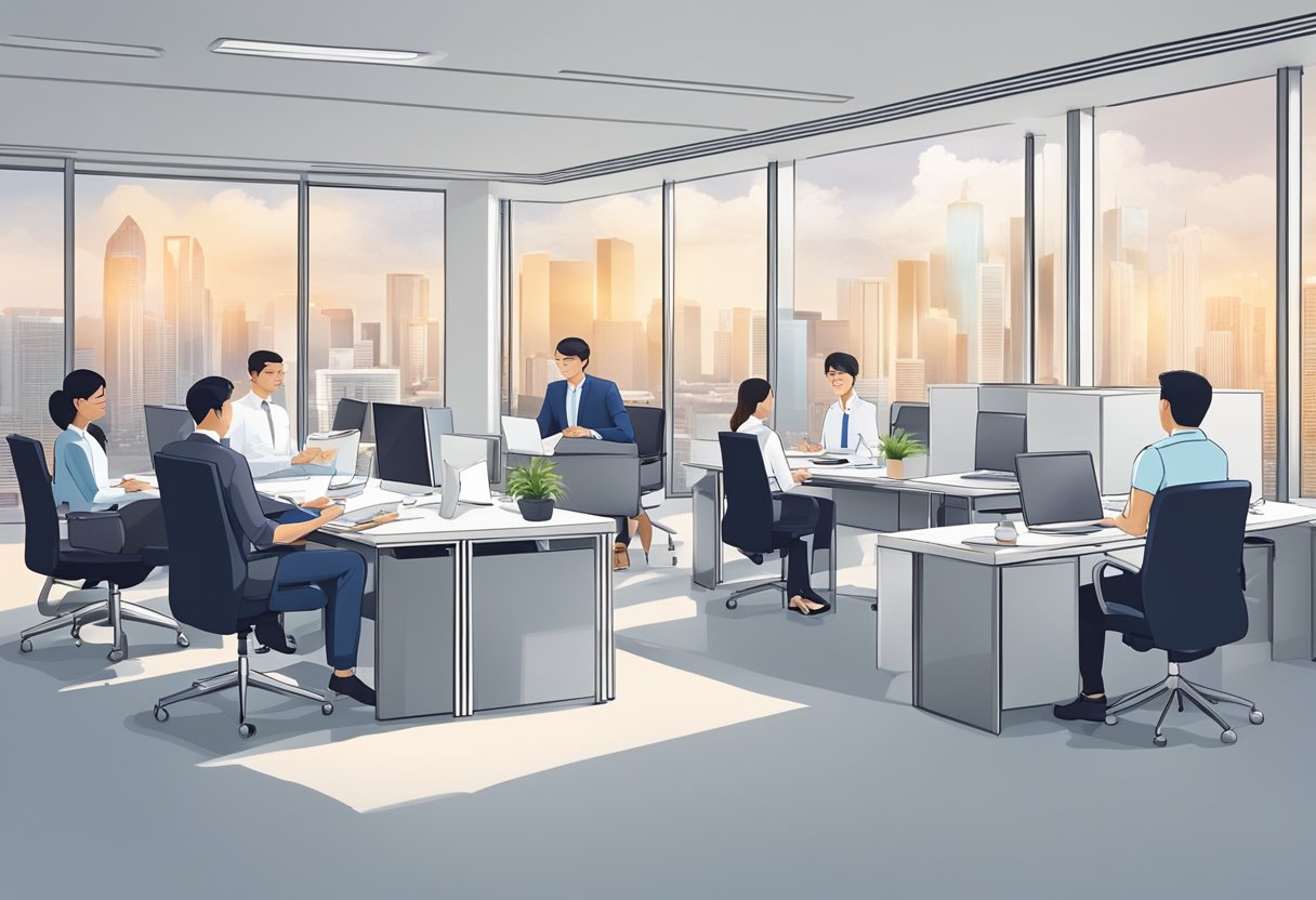 A group of professionals in Singapore receiving career development and support in a modern office setting