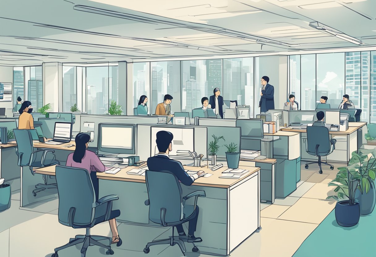 A bustling office with people discussing career options in Singapore. Signs with "Frequently Asked Questions" displayed prominently