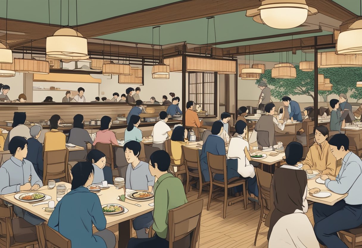 A bustling Japanese restaurant with customers dining and servers bustling about, a sign reading "Frequently Asked Questions" prominently displayed
