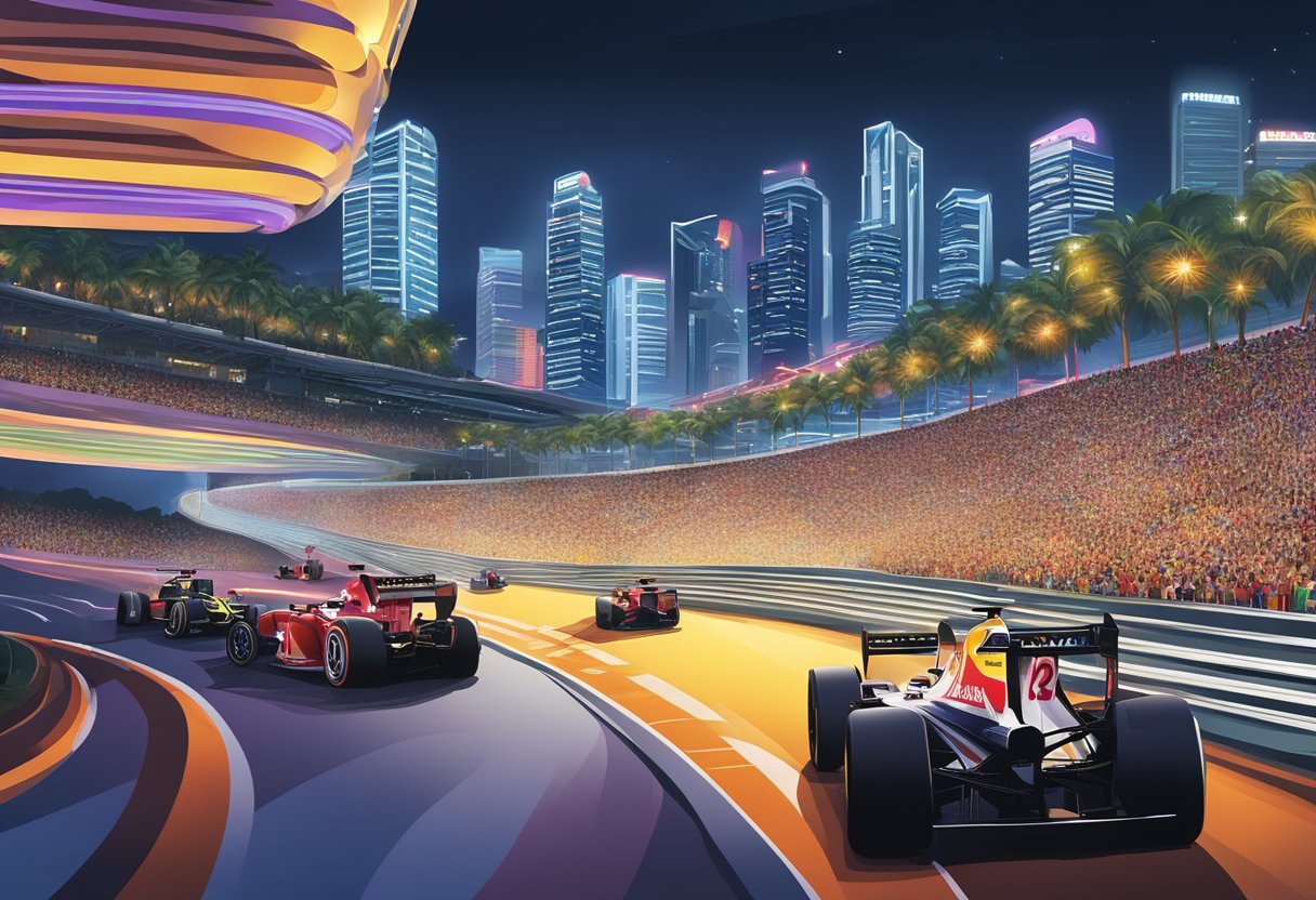 The Singapore F1 dates are depicted with bright lights, high-speed cars, and a bustling crowd in the background. The iconic Marina Bay Street Circuit is the focal point of the illustration