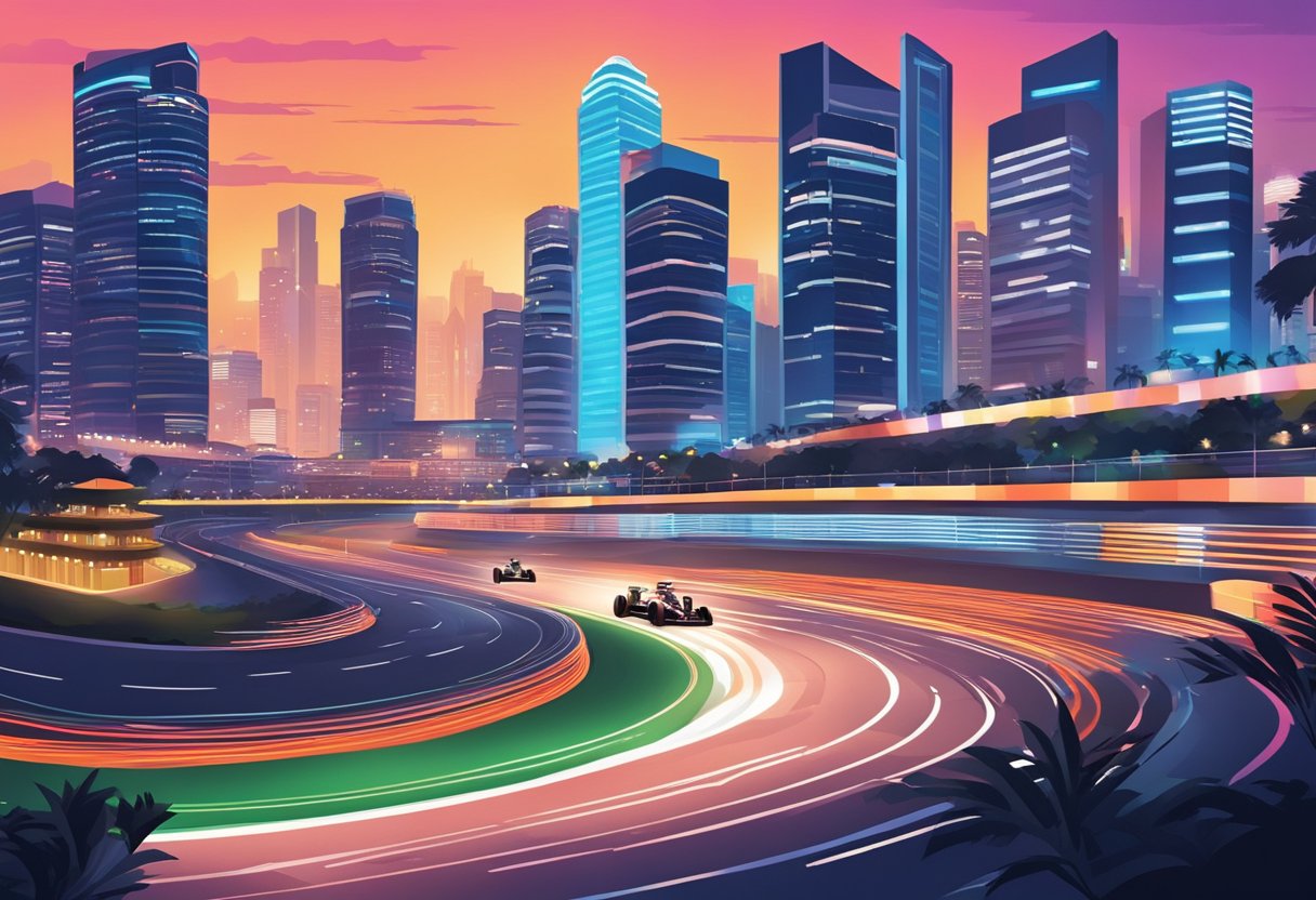 The Singapore F1 race takes place at night, with the city skyline illuminated by colorful lights. The track winds through the city streets, surrounded by towering buildings and a vibrant atmosphere