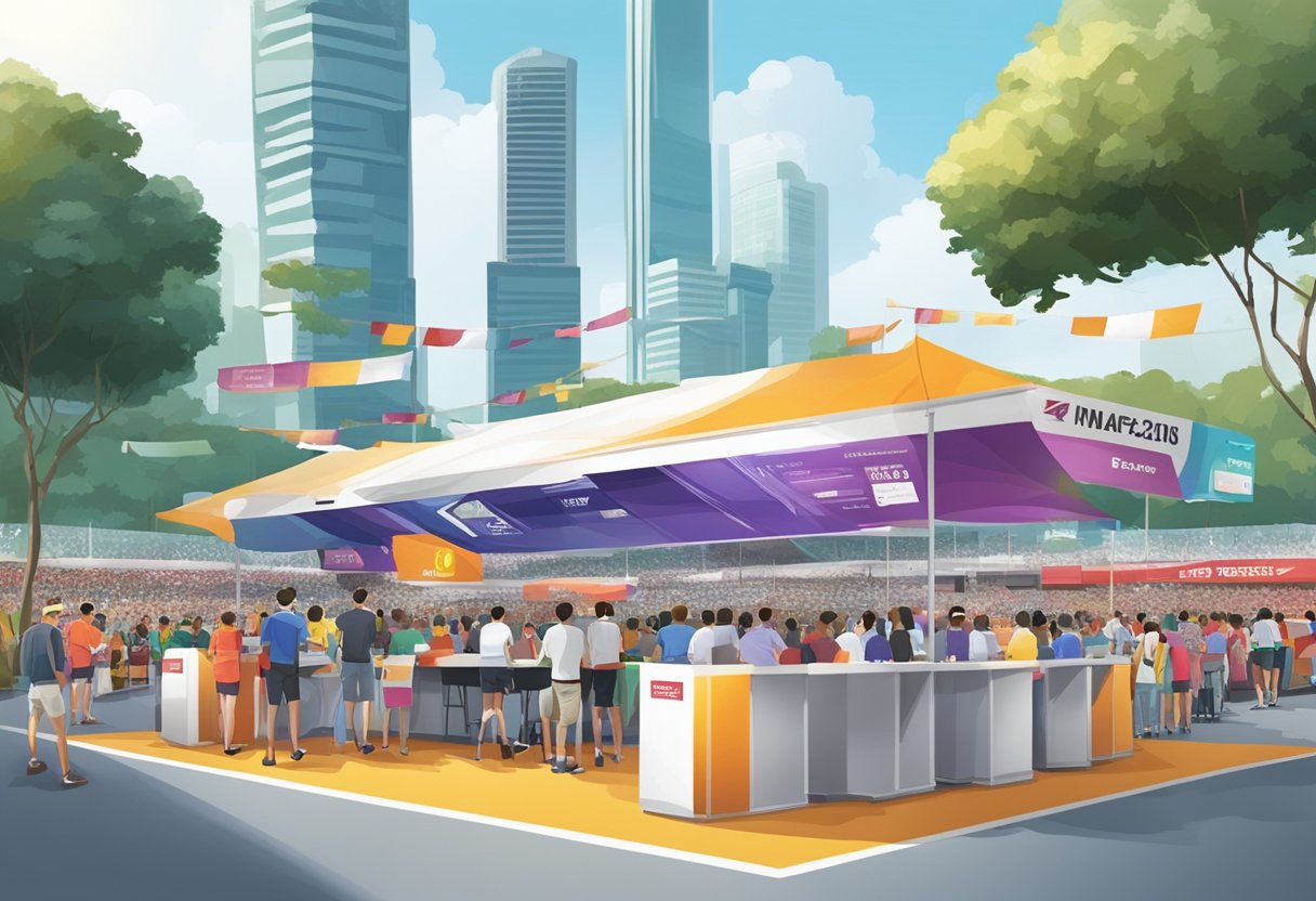 A crowded visitor information booth at the Singapore F1 race, with colorful banners and maps displayed