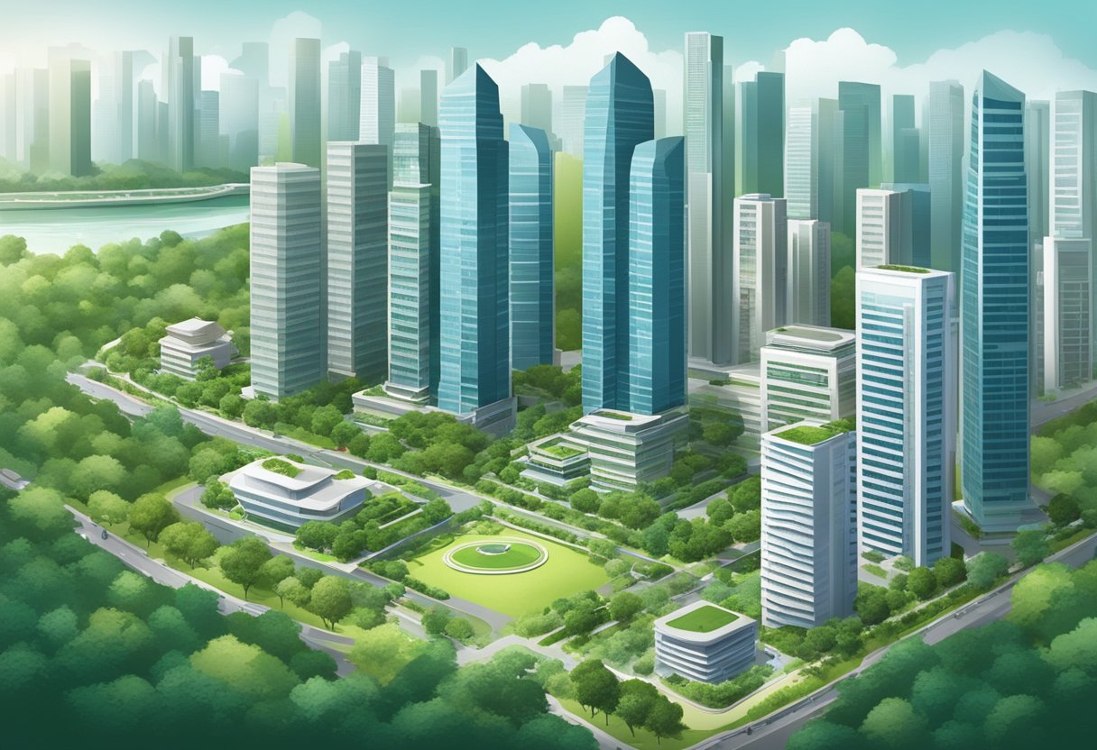 A bustling cityscape with modern skyscrapers and lush green parks, showcasing the contrast between urban development and natural landscapes in Singapore real estate