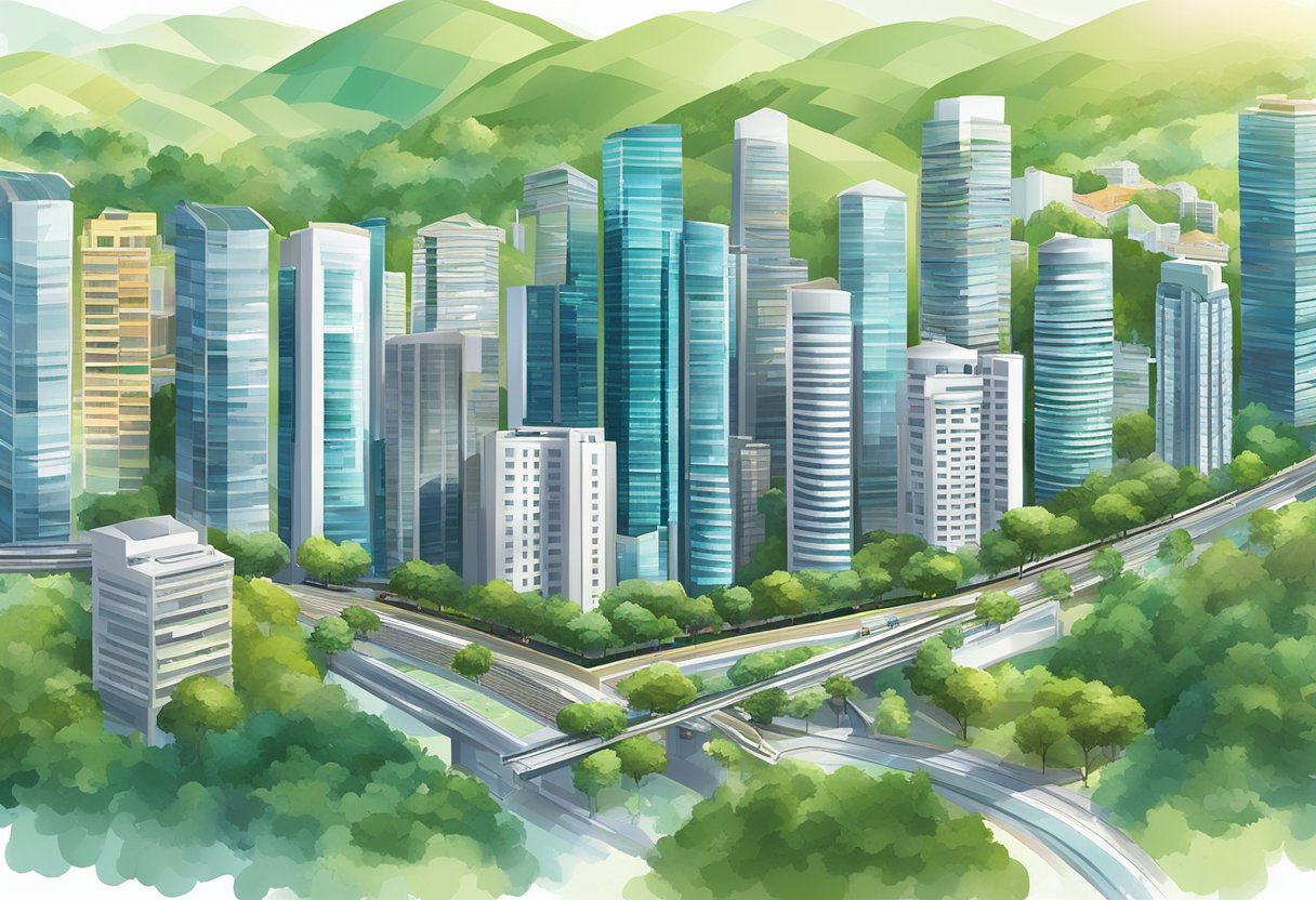 A bustling cityscape with modern skyscrapers and lush greenery, showcasing the diversity and vibrancy of Singapore's real estate market