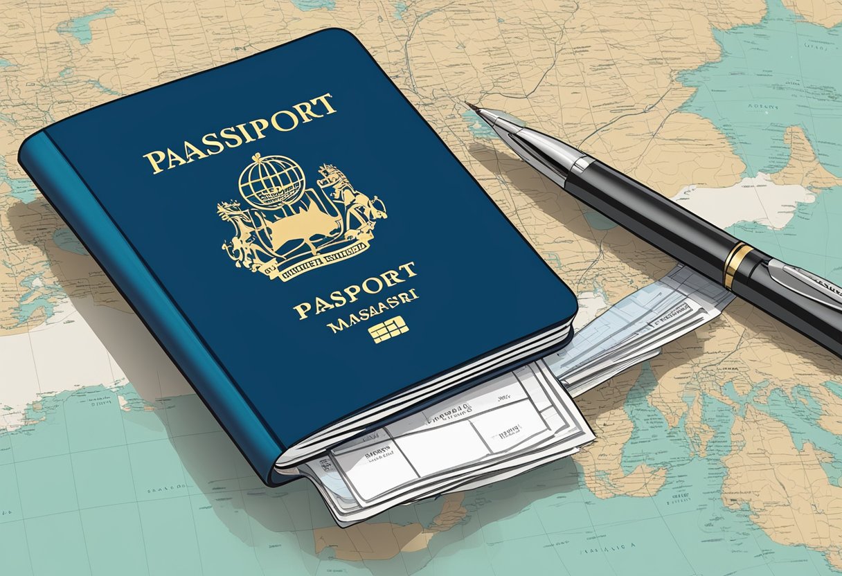 A traveler's passport and VTL documentation are placed on a table next to a map of Singapore and Malaysia, with a pen ready to fill out any necessary forms