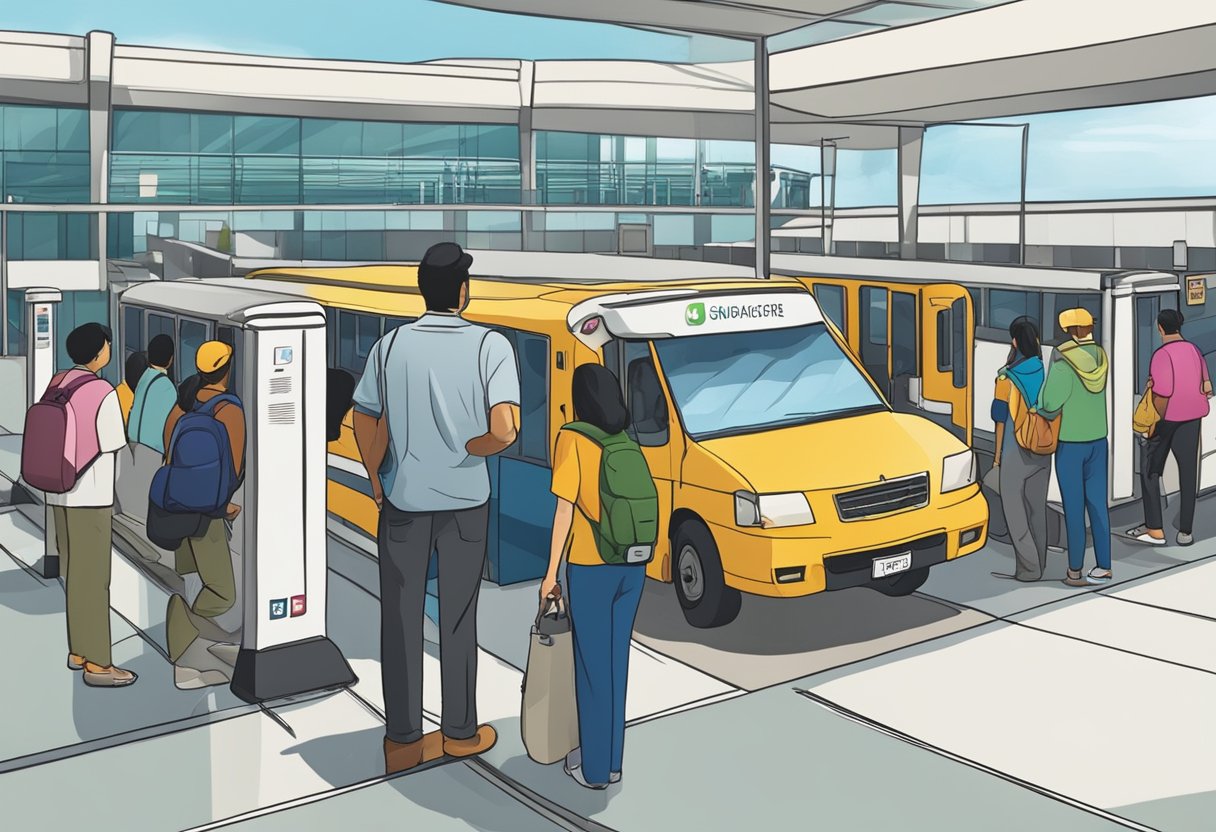 Passengers at a border checkpoint, showing VTL documents, boarding a bus from Singapore to Malaysia