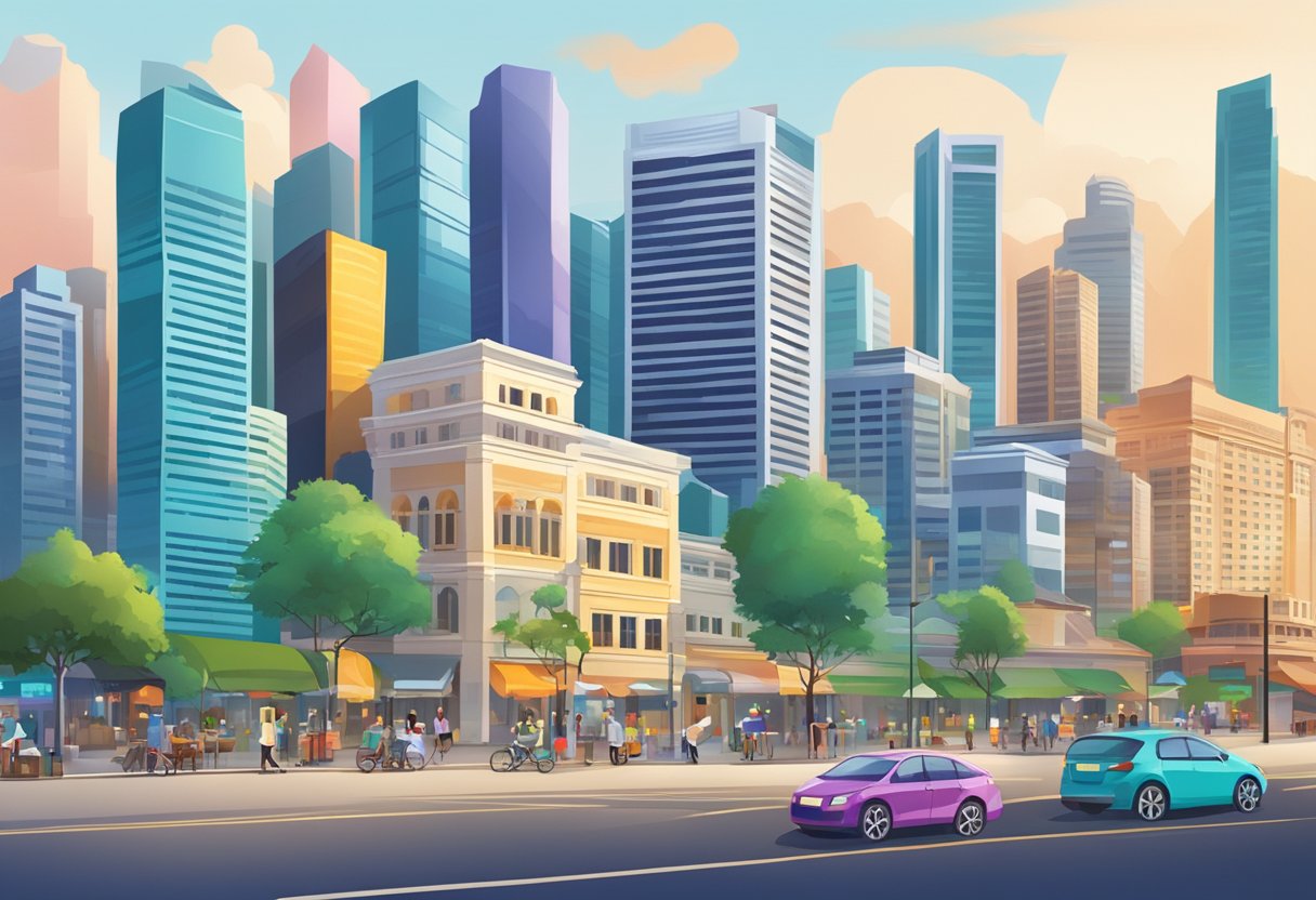 A bustling Singapore cityscape with iconic skyscrapers and a vibrant real estate market, featuring modern buildings and bustling streets