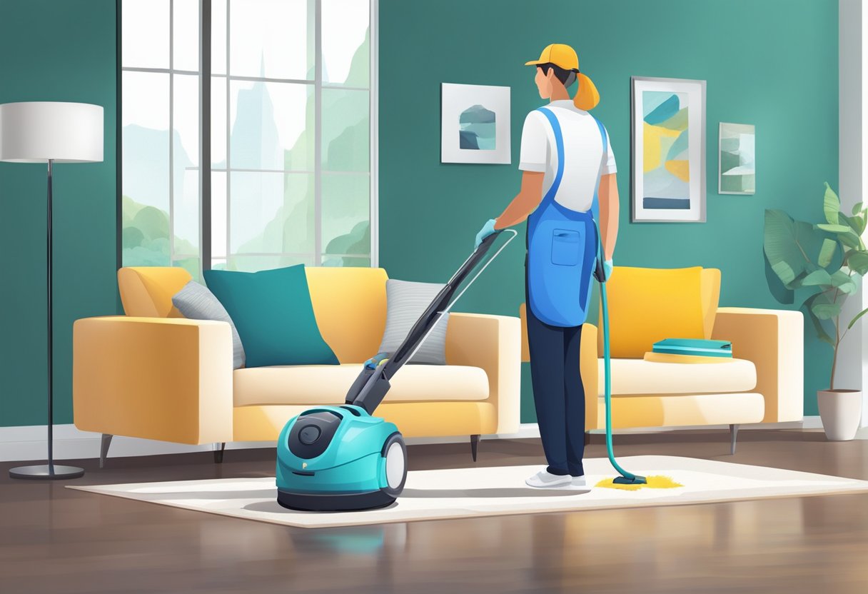 A professional cleaning machine deep cleans a sofa in a bright, modern living room