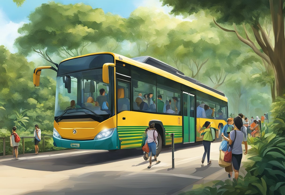 The Singapore Zoo coach bay bustles with activity as vehicles come and go, amidst lush greenery and the sounds of chirping birds
