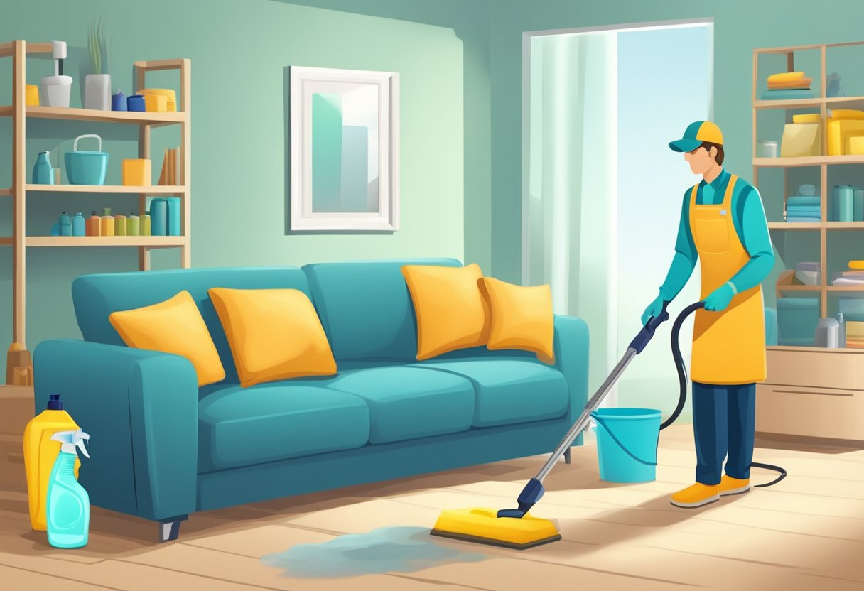 A professional cleaner sprays and scrubs a sofa, removing stains and dirt. Equipment and cleaning products are neatly organized nearby