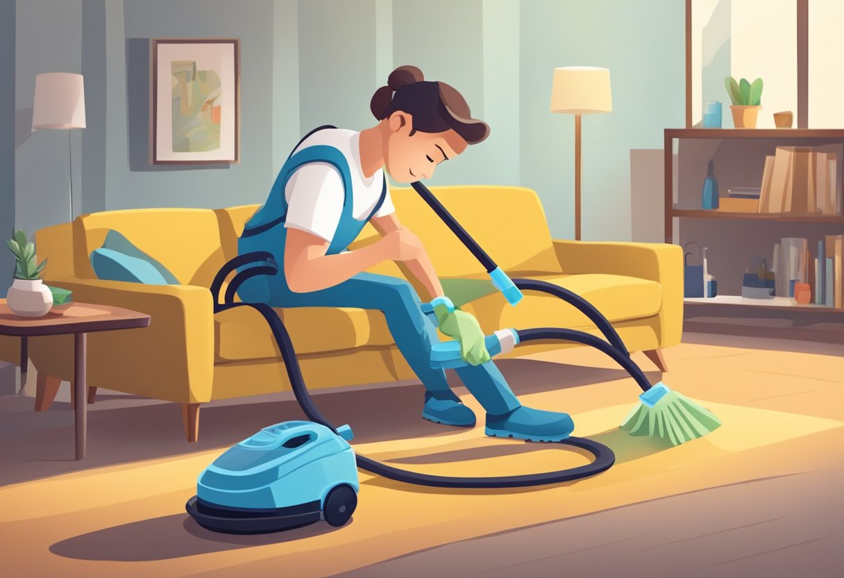 A professional cleaner carefully examines a sofa, holding cleaning equipment and wearing a uniform, in a well-lit living room