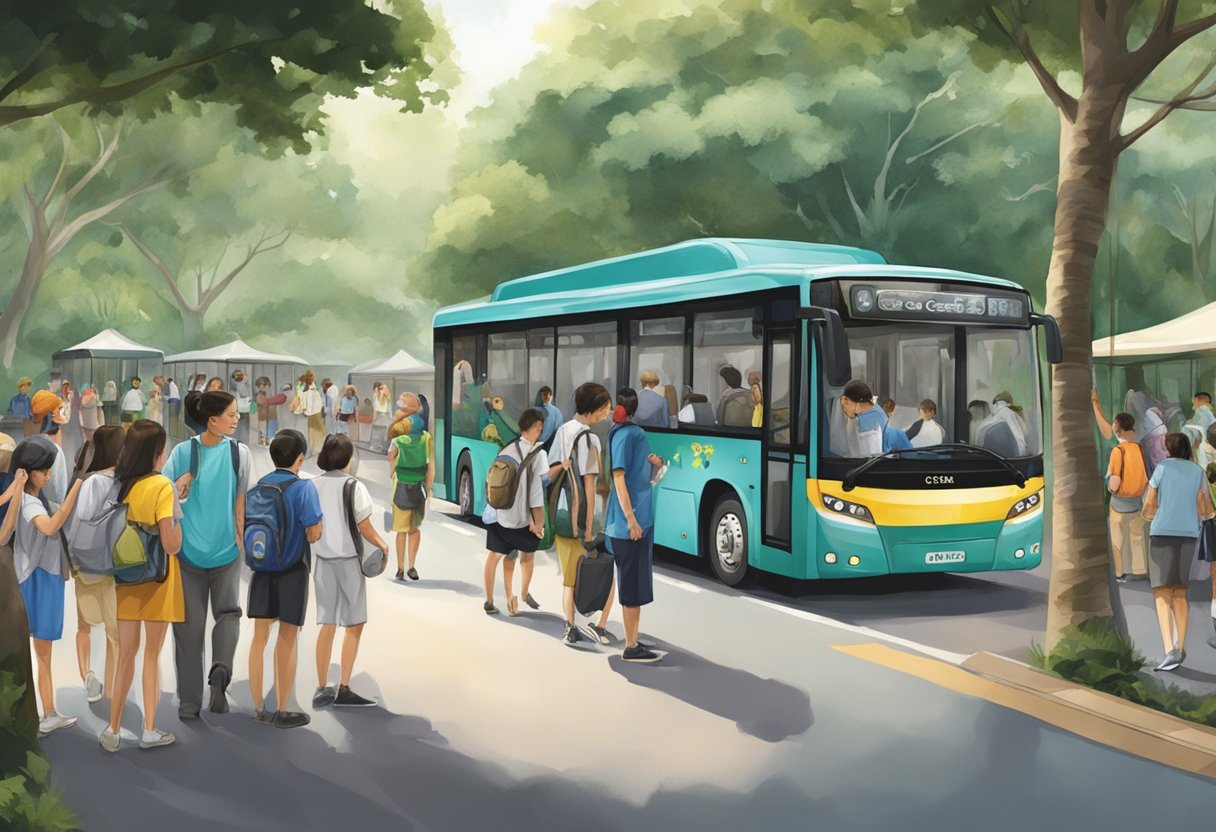 The coach bay at Singapore Zoo is bustling with activity as vehicles come and go, with staff assisting visitors and ensuring smooth operations