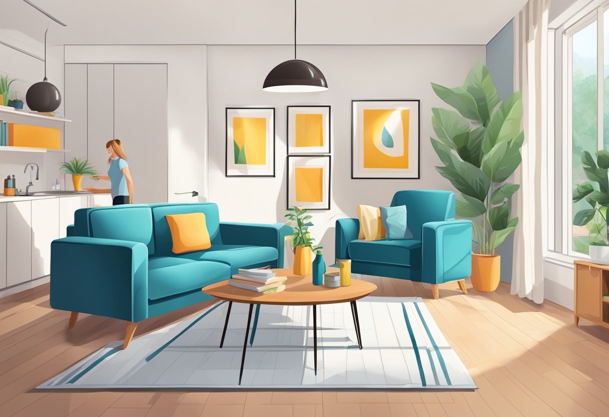 A sofa being professionally cleaned with specialized equipment and products in a bright and spacious living room