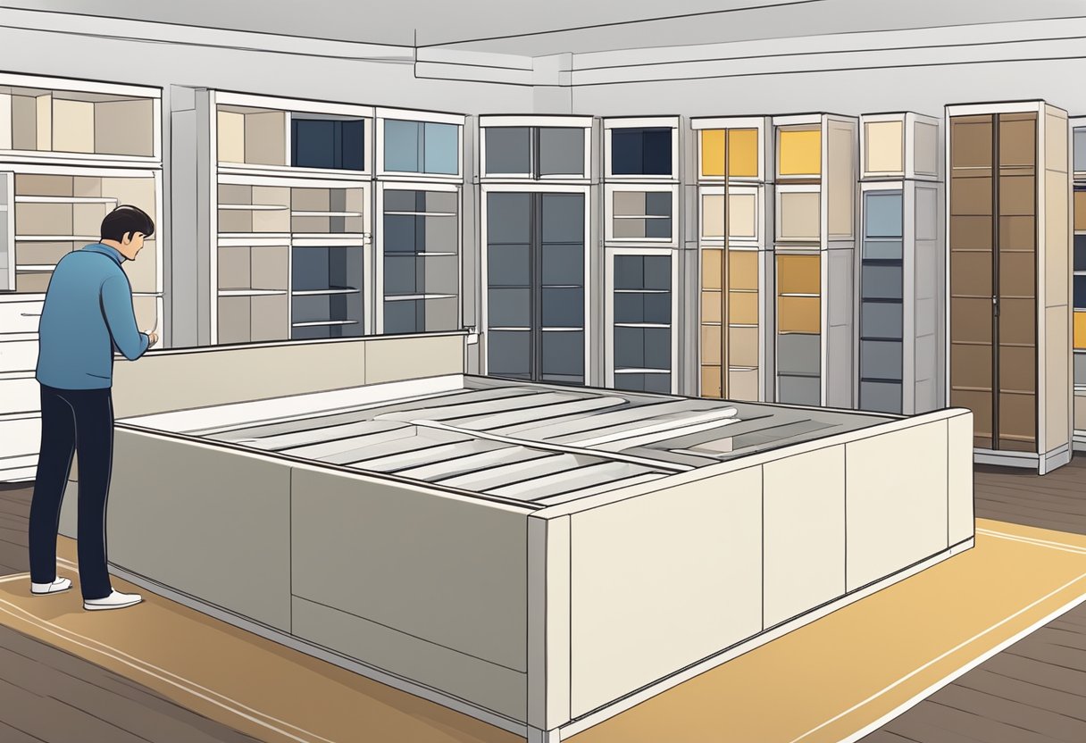 A person is selecting a storage bed frame from a variety of options displayed in a furniture showroom